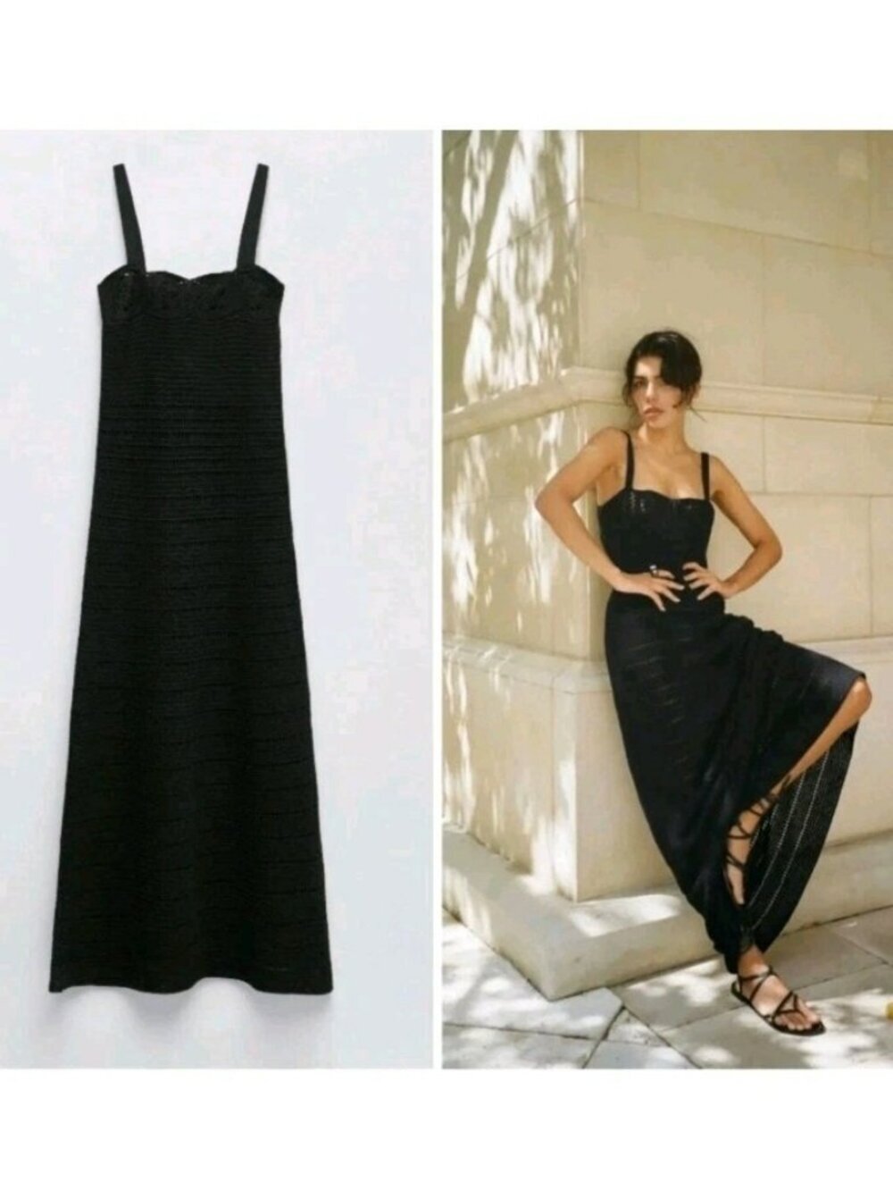 ZARA BLACK LONG KNIT CROCHET DRESS SIZE S 3991/040 NWT